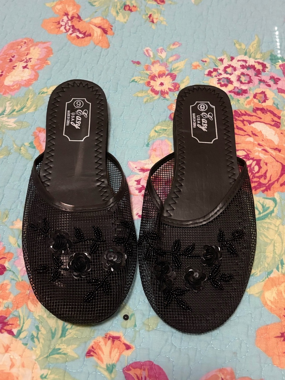 Easy USA Black Beaded Floral Slide Mules